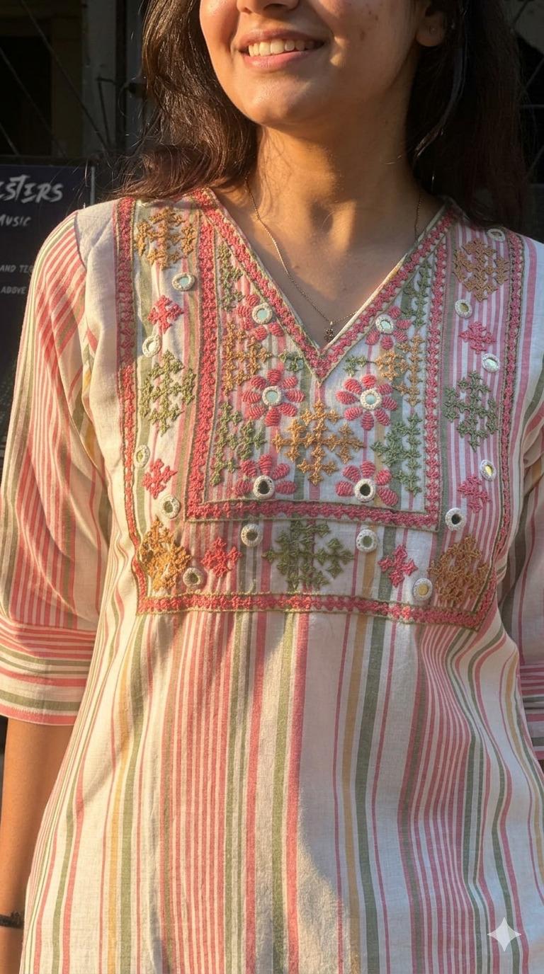 Vintage Stripe Mirror Embroidered Kurti
