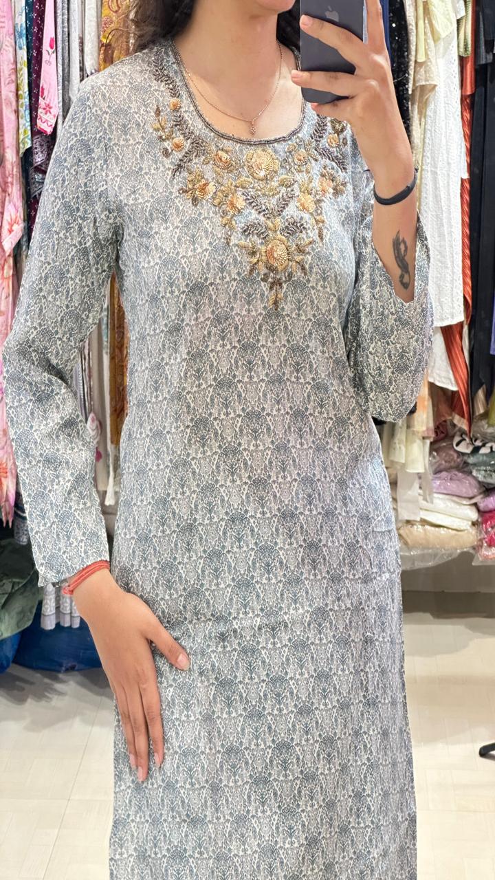 Slate Grey Embroidered Neck Kurti