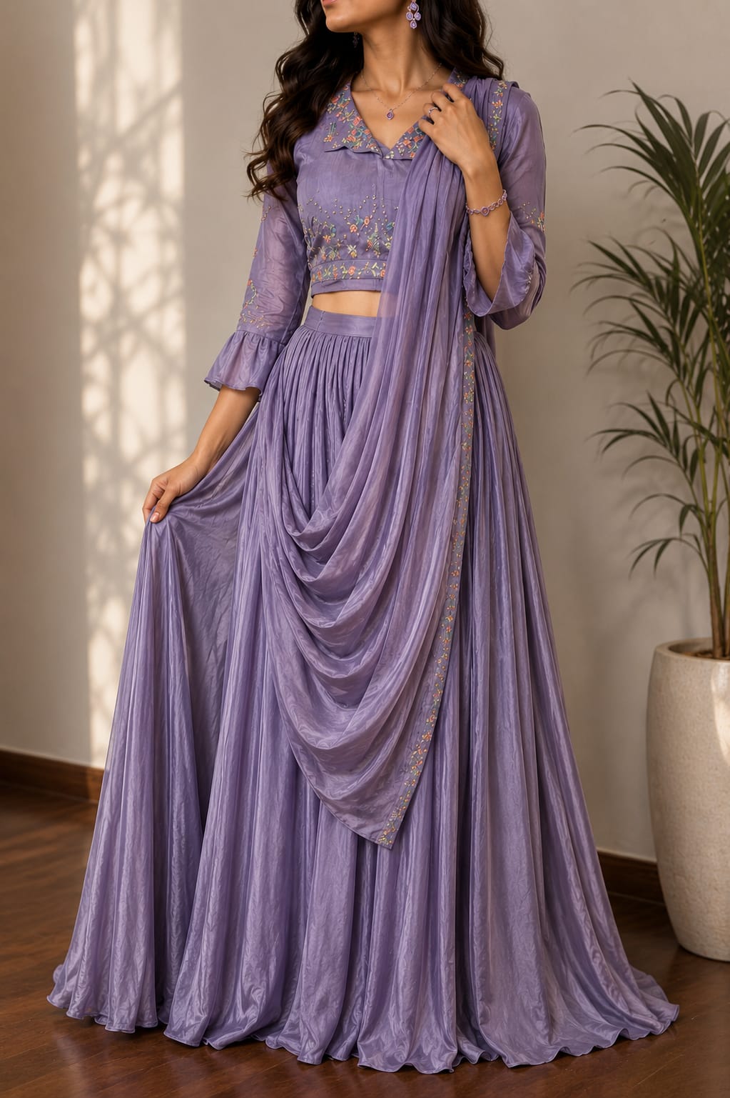 Indo western  skirt and blouse with attached dupatta and belt .
