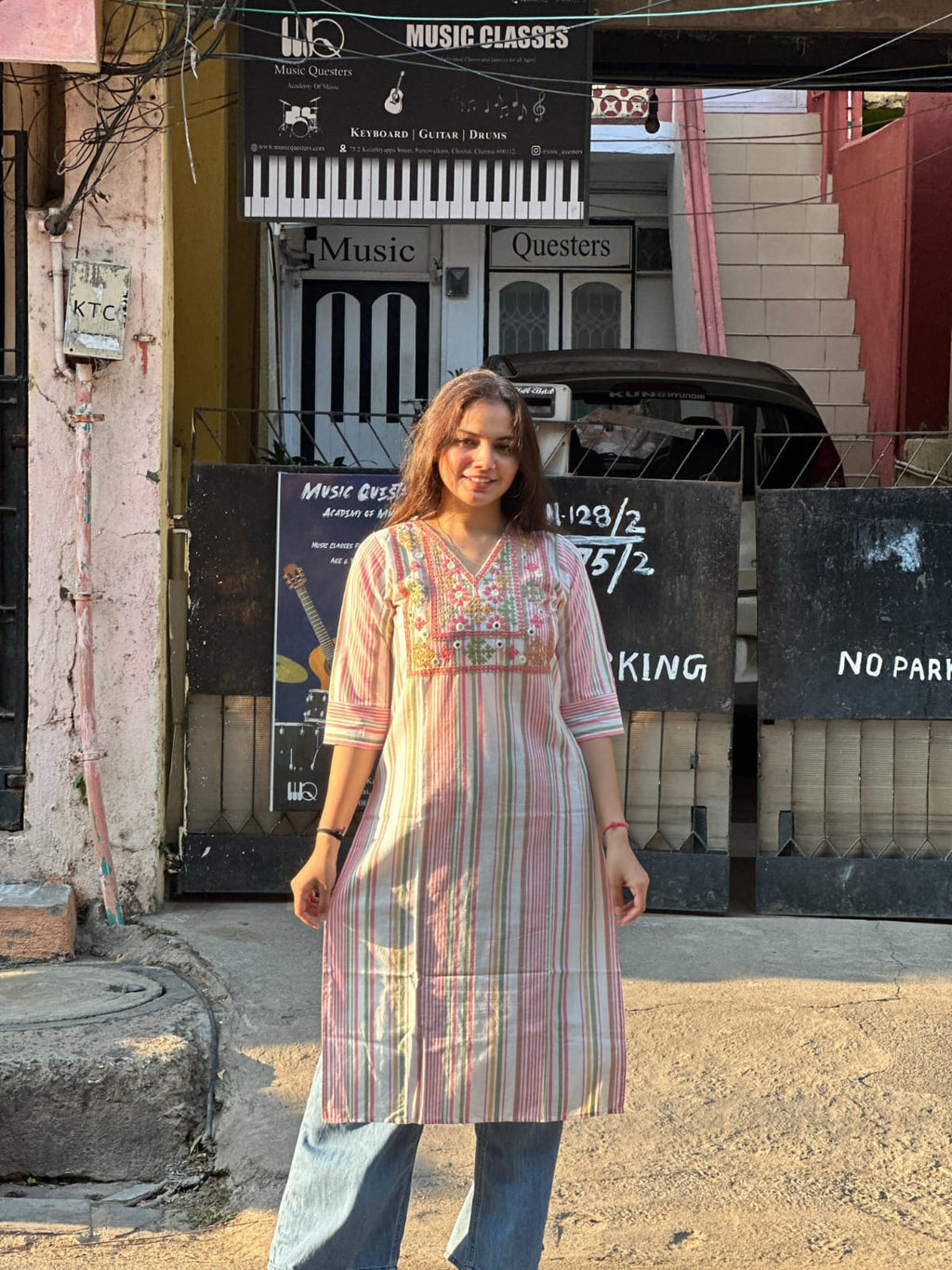 Vintage Stripe Mirror Embroidered Kurti