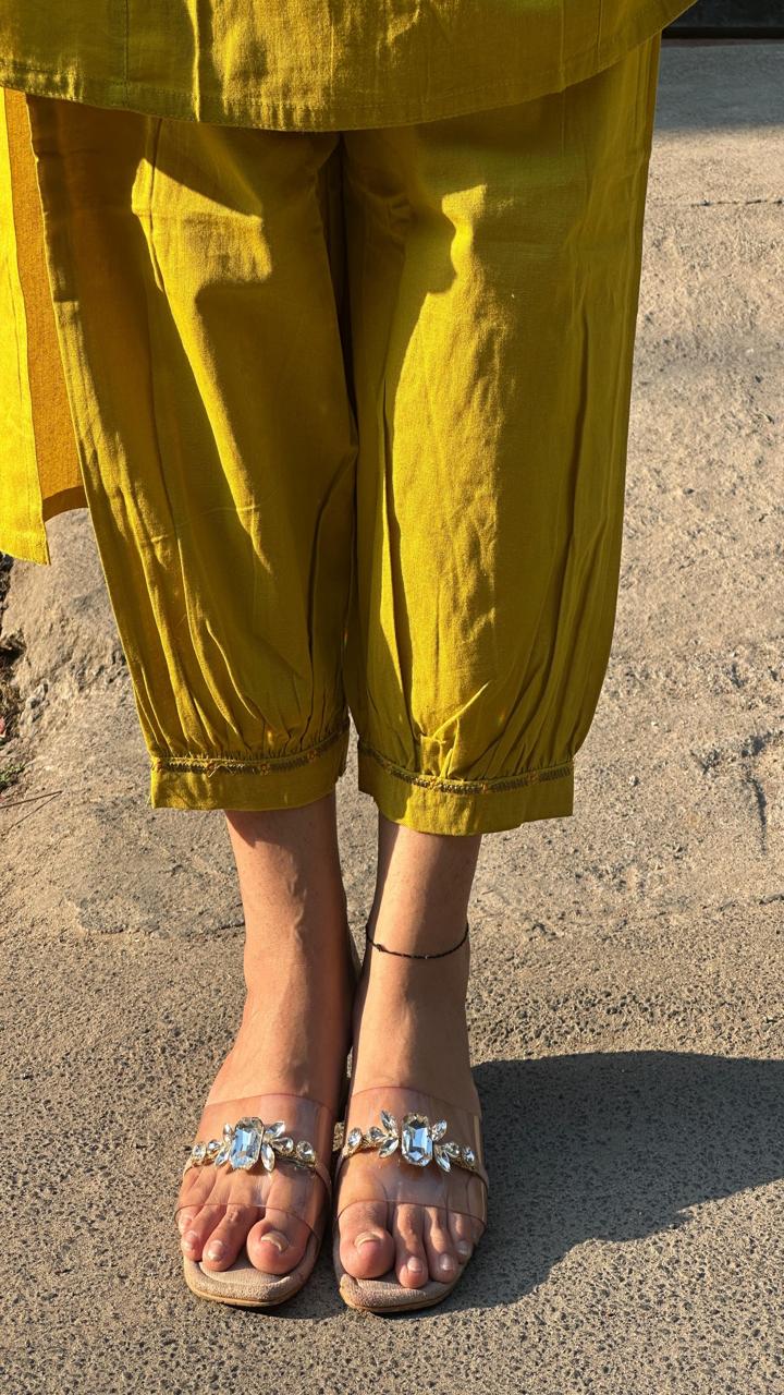 Mustard Embroidered Yoke A-Line Kurti