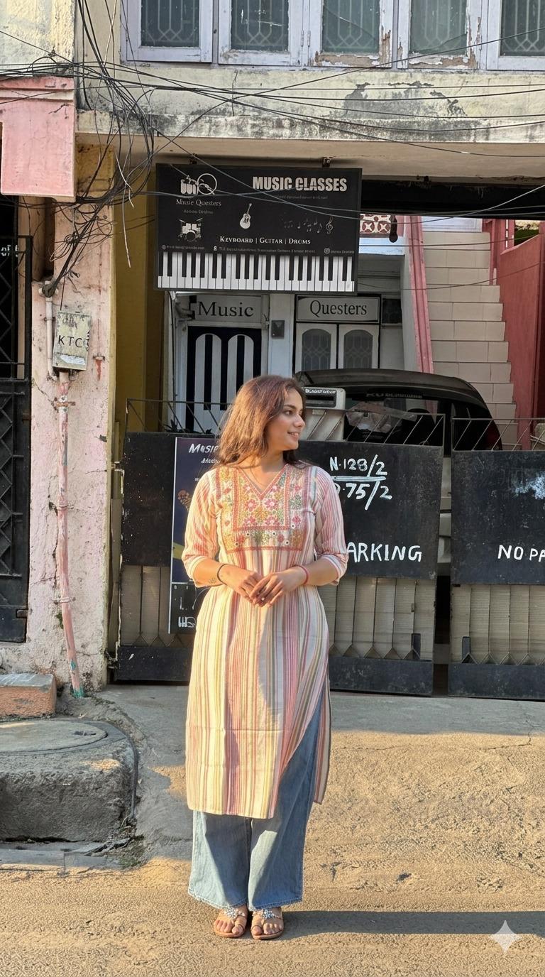Vintage Stripe Mirror Embroidered Kurti