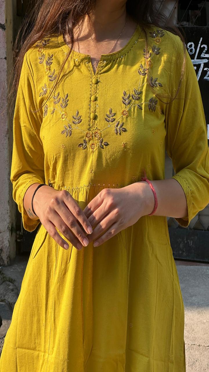 Mustard Embroidered Yoke A-Line Kurti