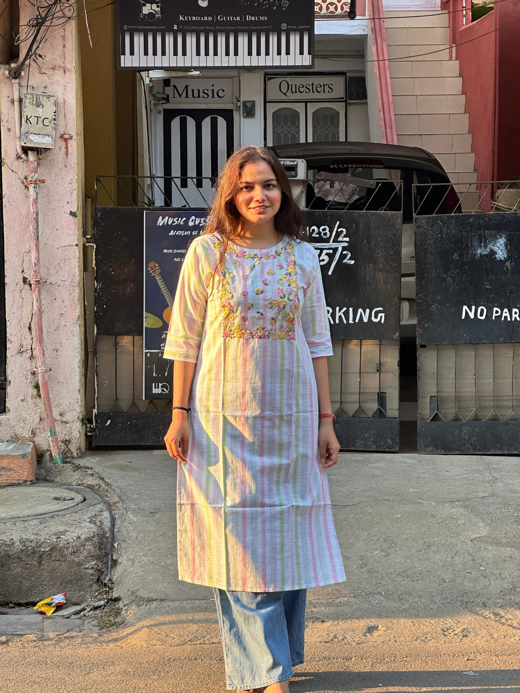 Pastel Garden Stripe Embroidered Kurti