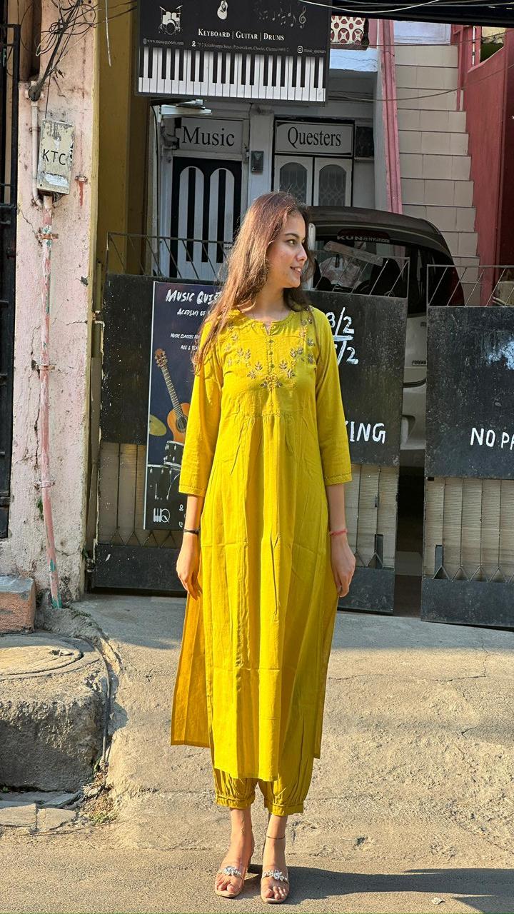 Mustard Embroidered Yoke A-Line Kurti