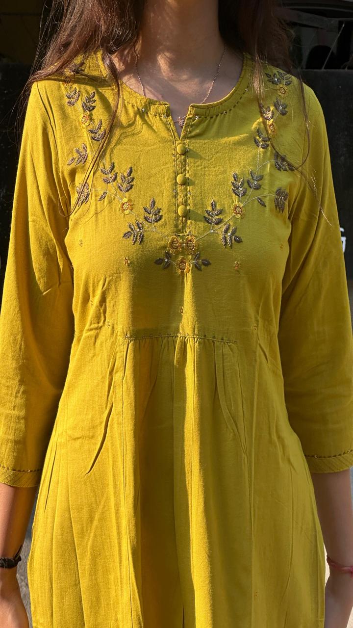 Mustard Embroidered Yoke A-Line Kurti