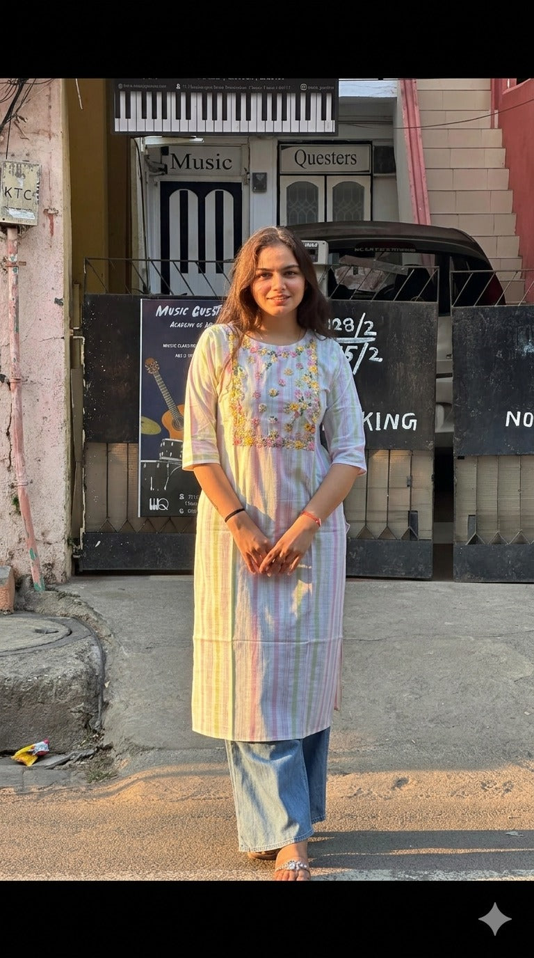 Pastel Garden Stripe Embroidered Kurti