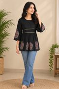 BLACK FLORAL EMBROIDERED SHORT TOP