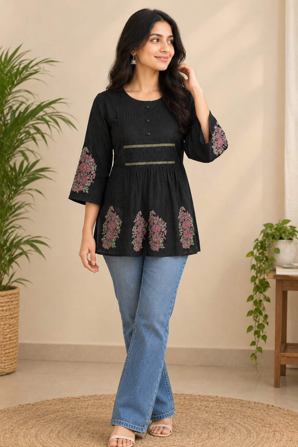 BLACK FLORAL EMBROIDERED SHORT TOP