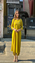 Mustard Embroidered Yoke A-Line Kurti
