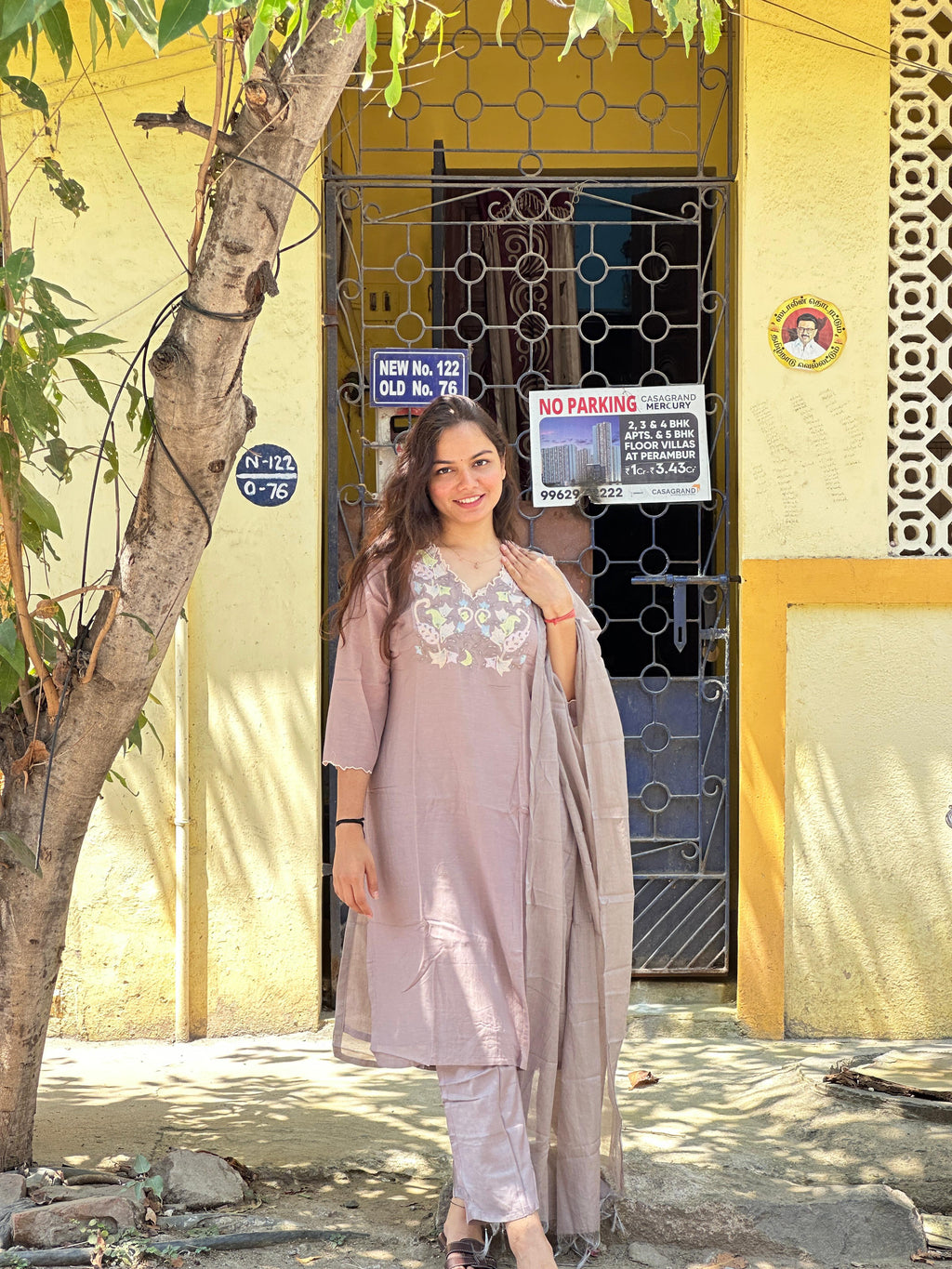 Dusty Mauve Embroidered Kurti Set with Dupatta