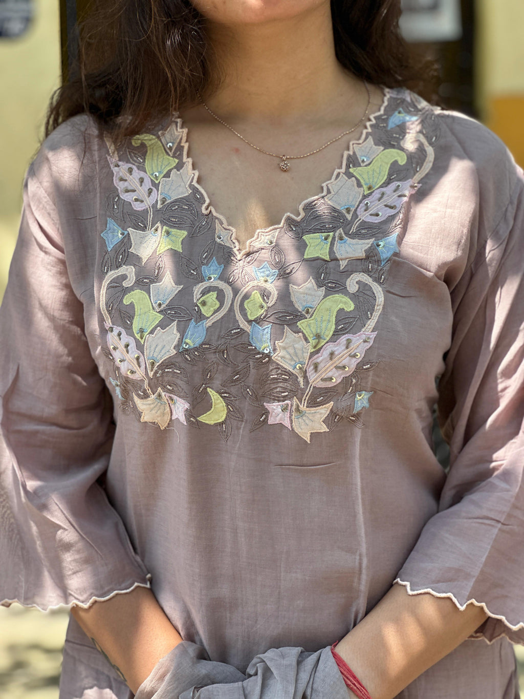 Dusty Mauve Embroidered Kurti Set with Dupatta