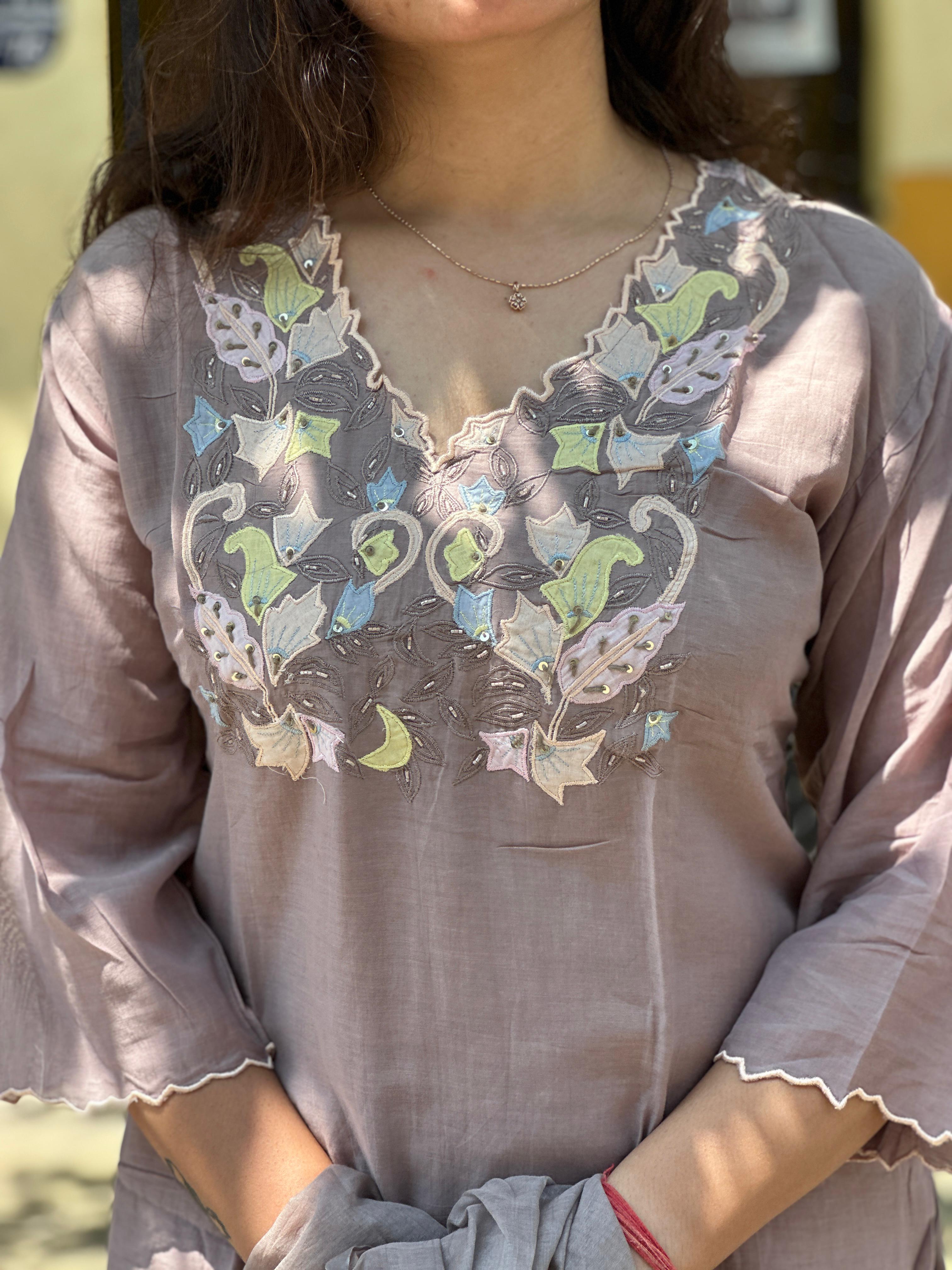 Dusty Mauve Embroidered Kurti Set with Dupatta