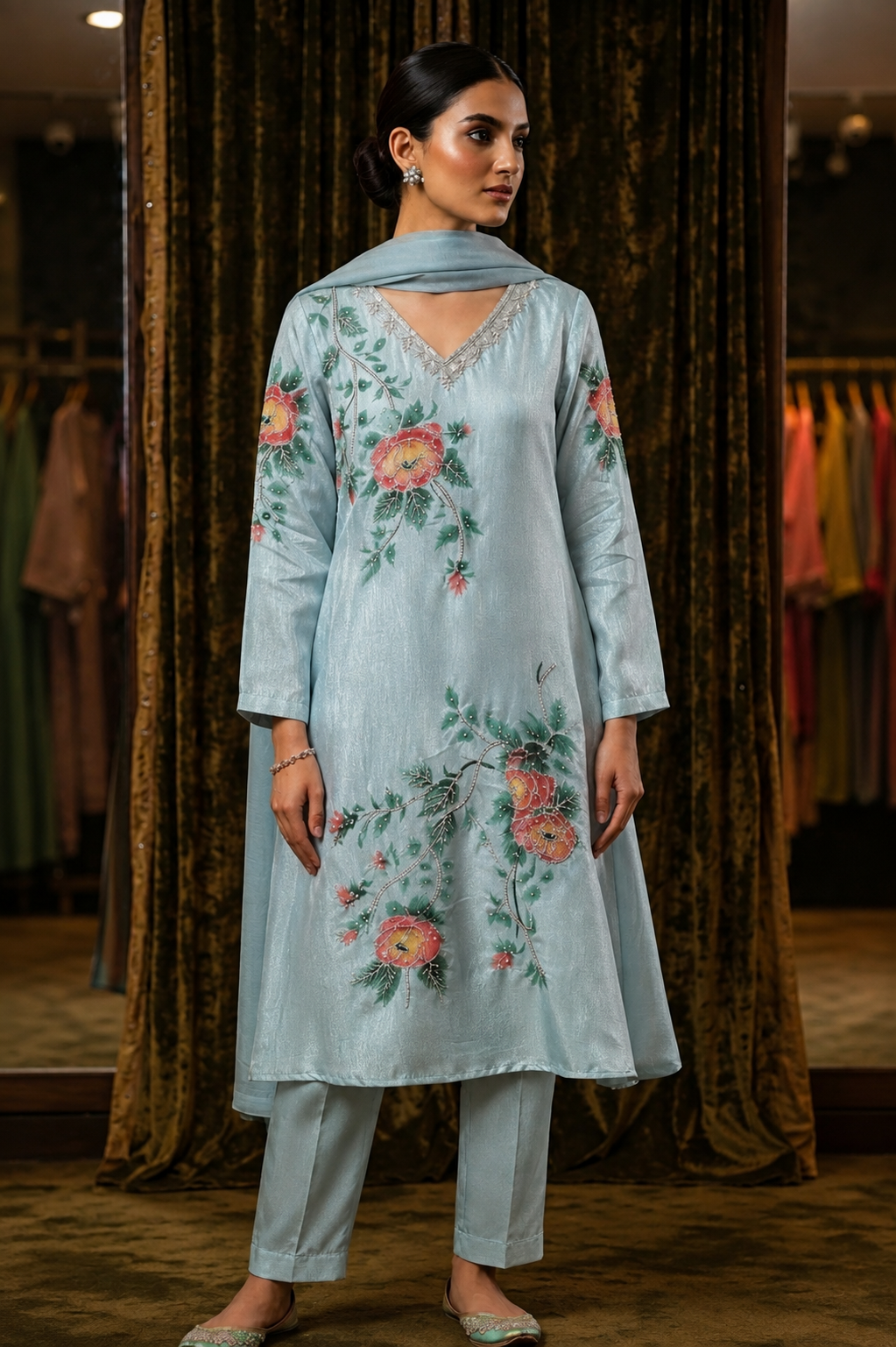 Mint Bloom Chinnon Silk 3-Piece Set