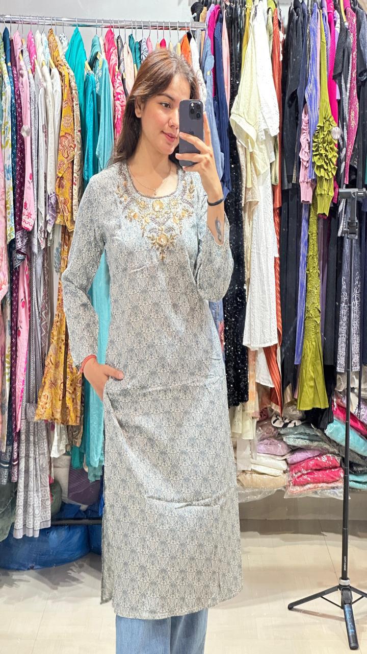 Slate Grey Embroidered Neck Kurti