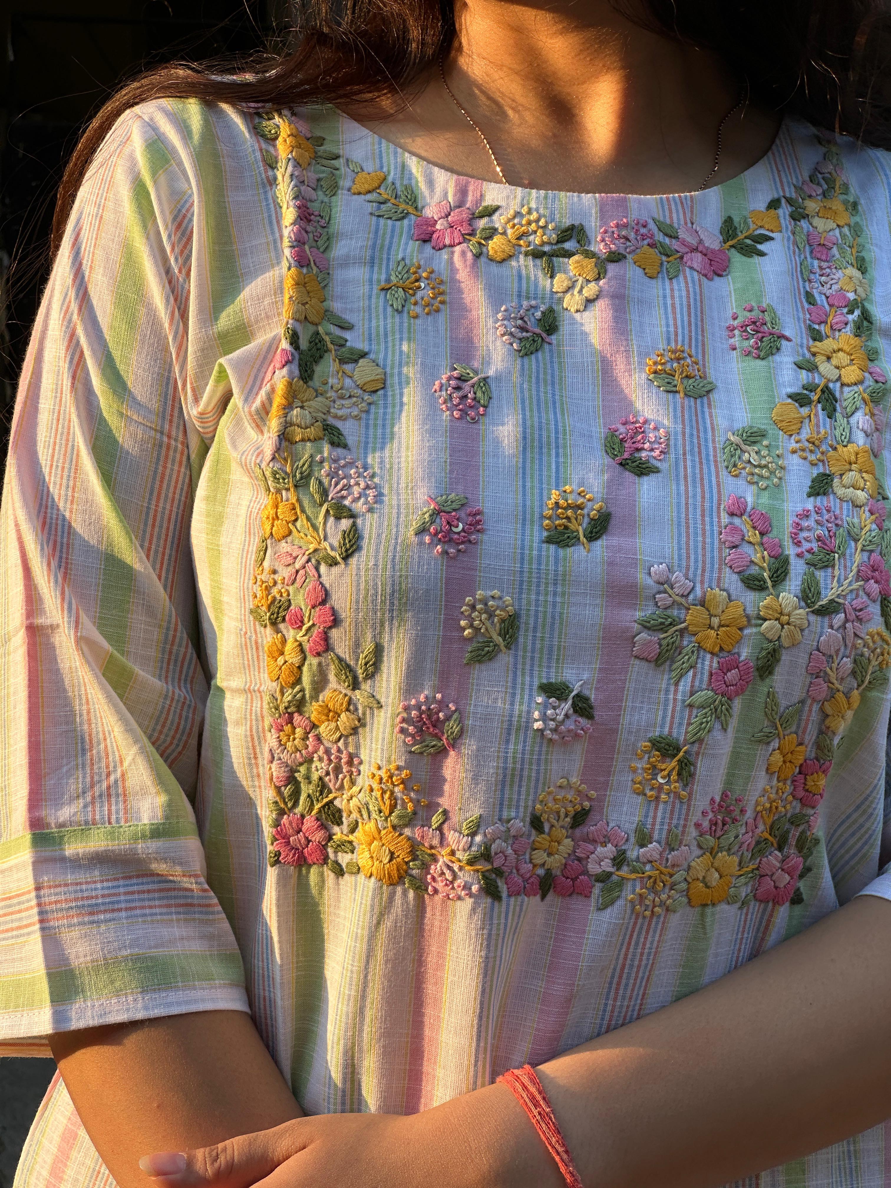 Pastel Garden Stripe Embroidered Kurti