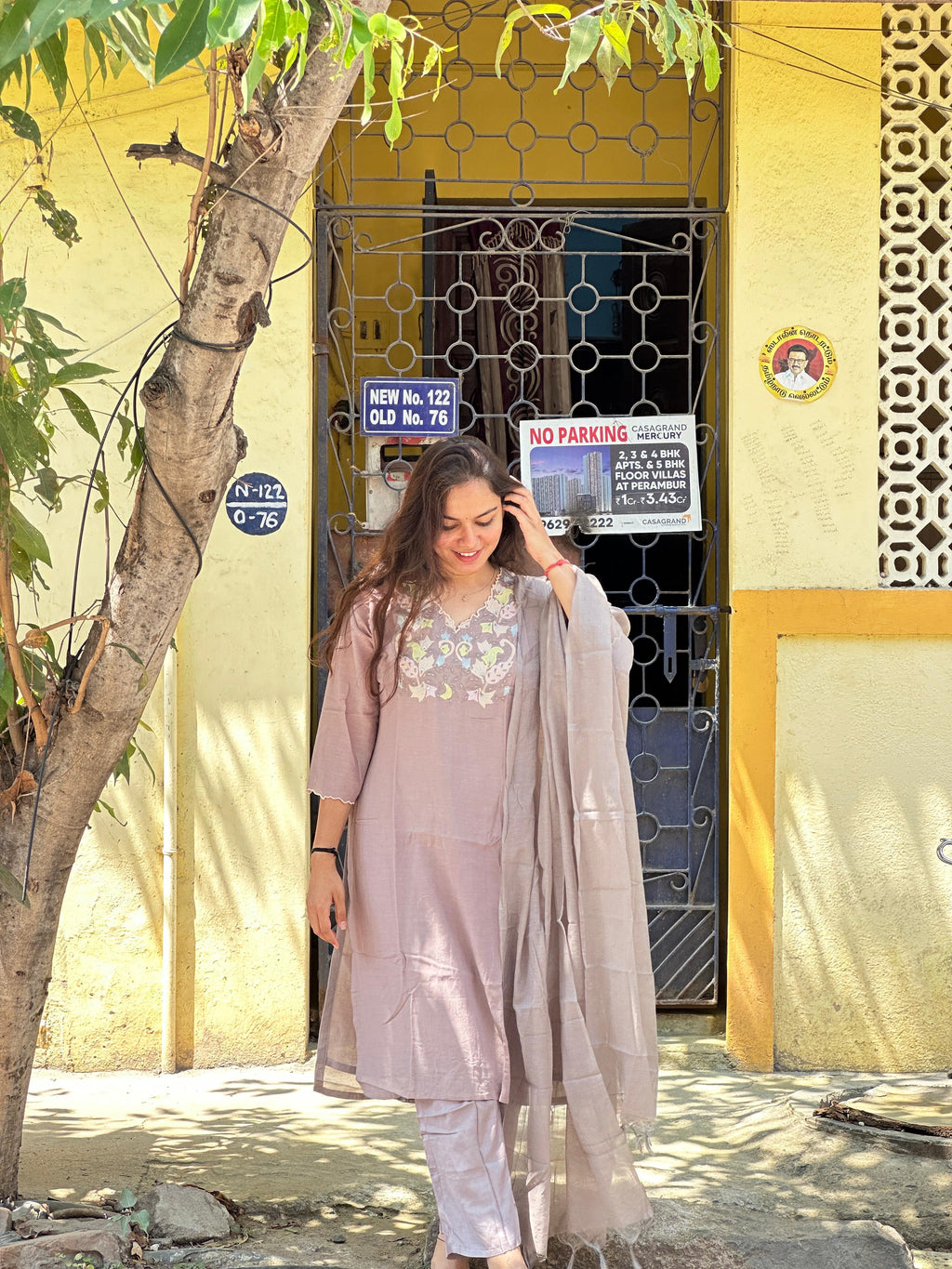 Dusty Mauve Embroidered Kurti Set with Dupatta