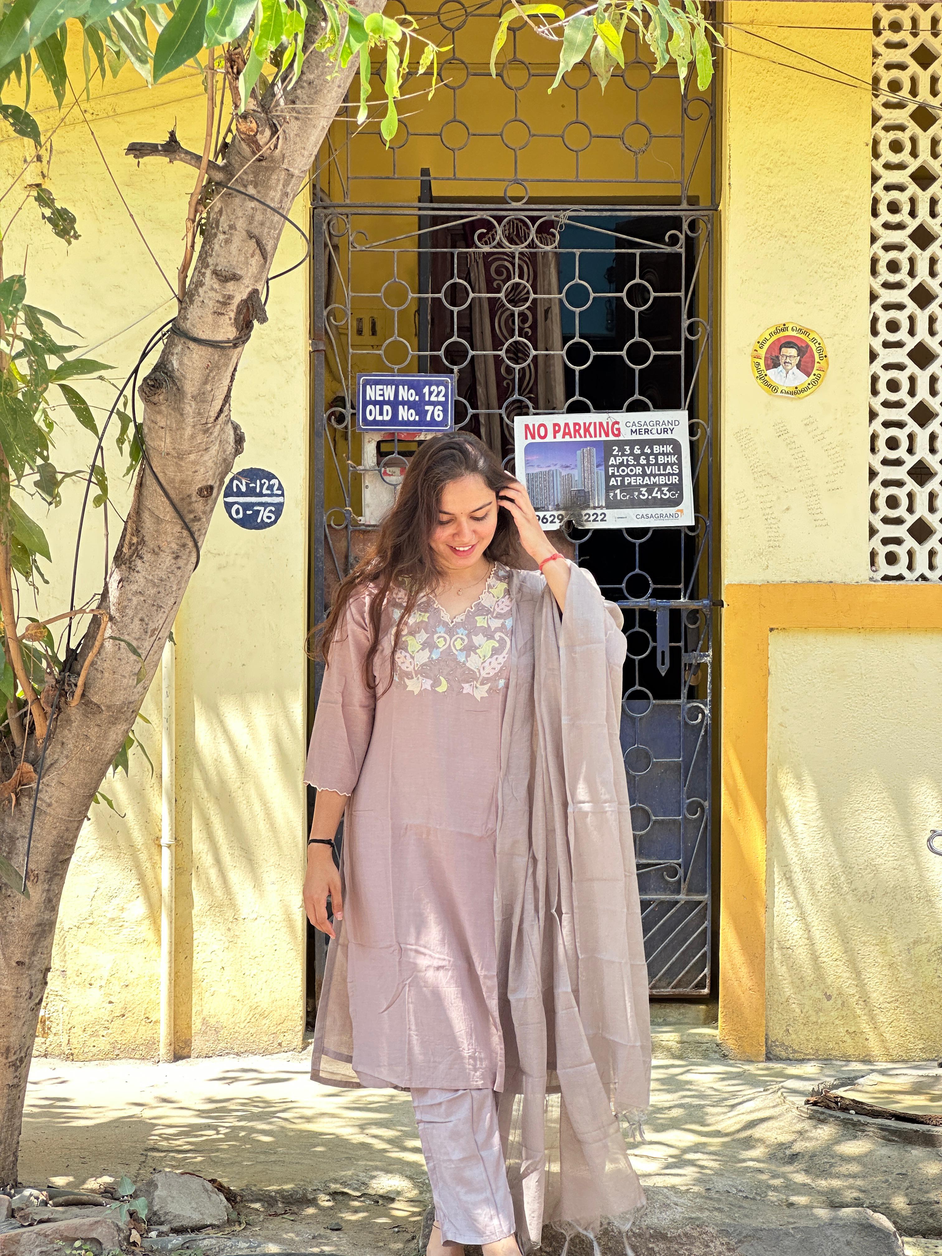 Dusty Mauve Embroidered Kurti Set with Dupatta