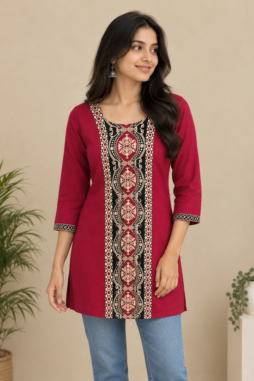 MAROON PRINTED SHORT KURTI