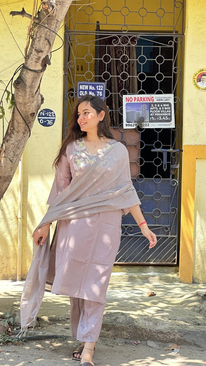 Dusty Mauve Embroidered Kurti Set with Dupatta