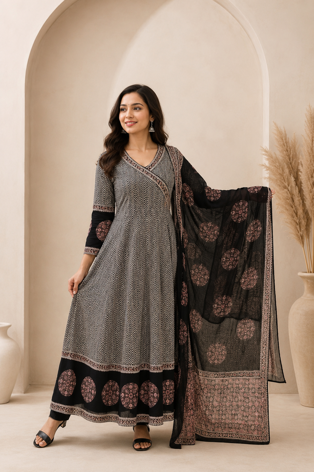 Noir Bloom Cotton Anarkali Set