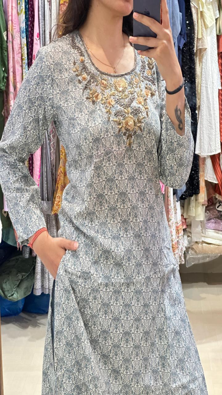 Slate Grey Embroidered Neck Kurti